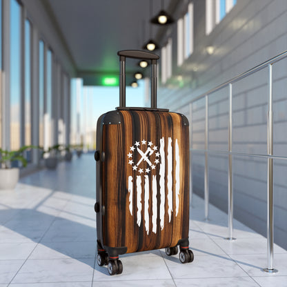 American Frontier Suitcase - Wood Print Travel Luggage with Patriotic Flag, Axe & Knife - Durable, Swivel Wheels, Lock