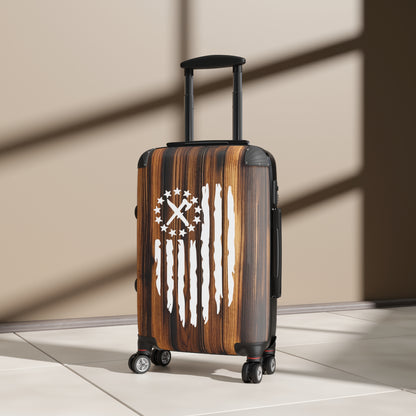 American Frontier Suitcase - Wood Print Travel Luggage with Patriotic Flag, Axe & Knife - Durable, Swivel Wheels, Lock