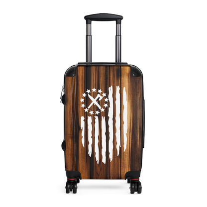 American Frontier Suitcase - Wood Print Travel Luggage with Patriotic Flag, Axe & Knife - Durable, Swivel Wheels, Lock